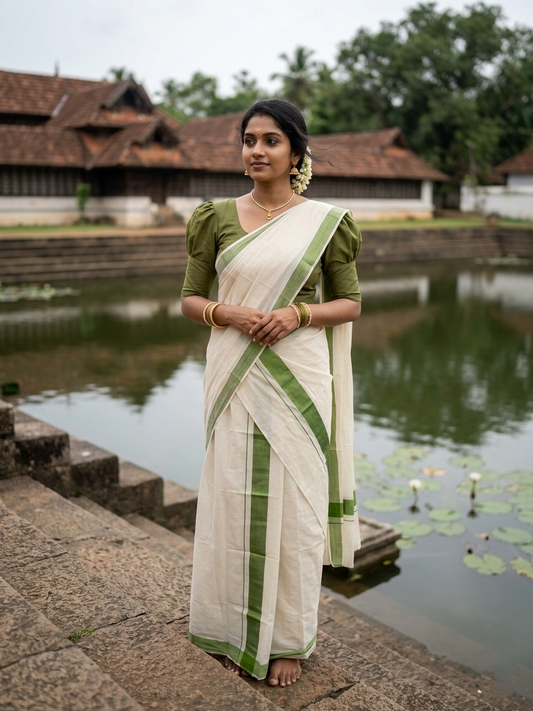 Southloom Pure Cotton Kerala Single Mulloth Set Mundu (Mundum Neriyathum) Olive Green Border in 2.80 mtrs SL270