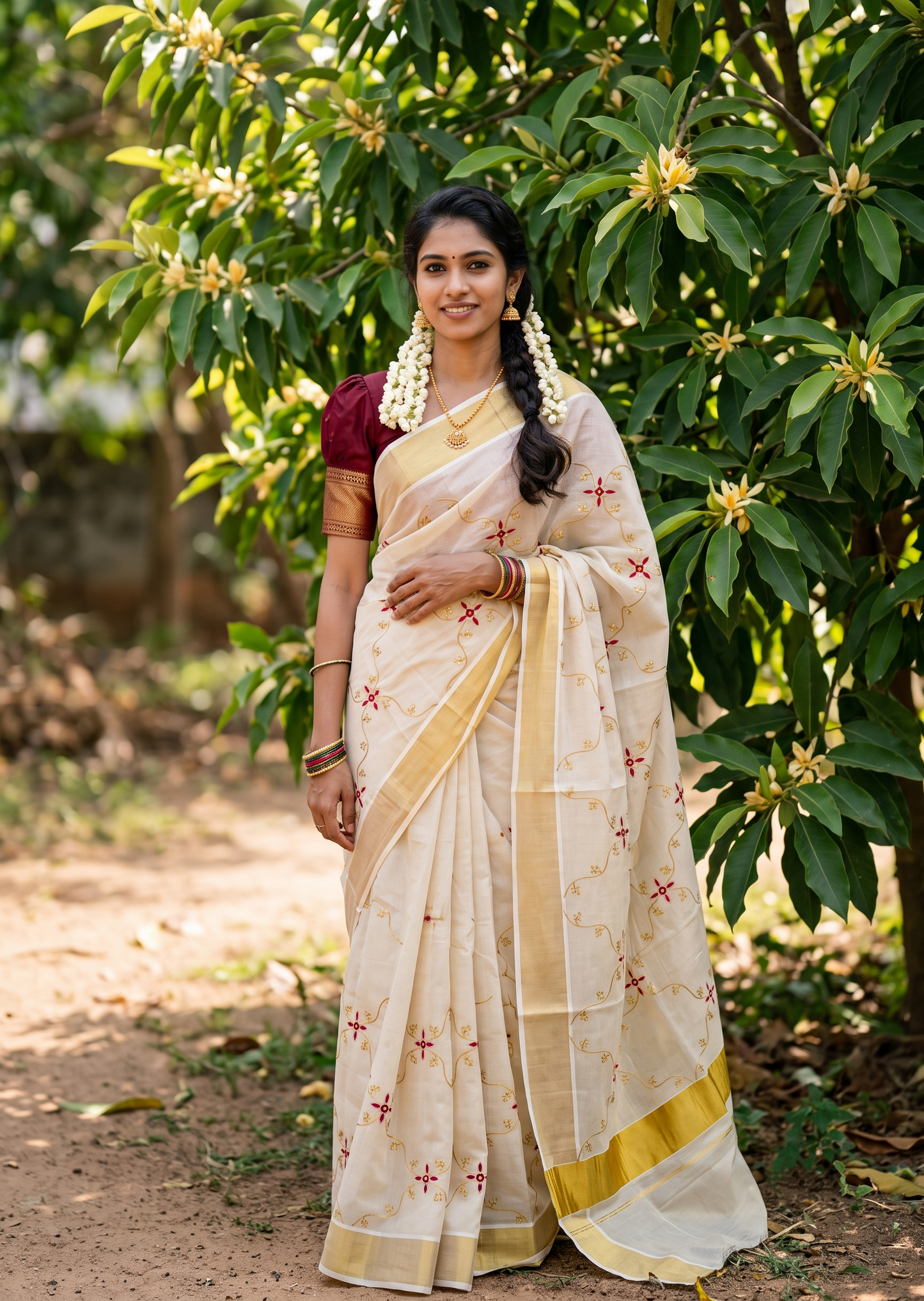Southloom Tissue Kerala Kasavu Plain Saree with  Embroidery Designs on Body