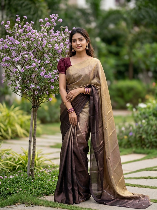 Southloom Tissue Crushed Organza Saree Brown