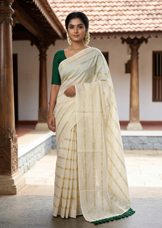Southloom Kerala Cotton Kasavu Saree with Stripes on Body and Green Tussels