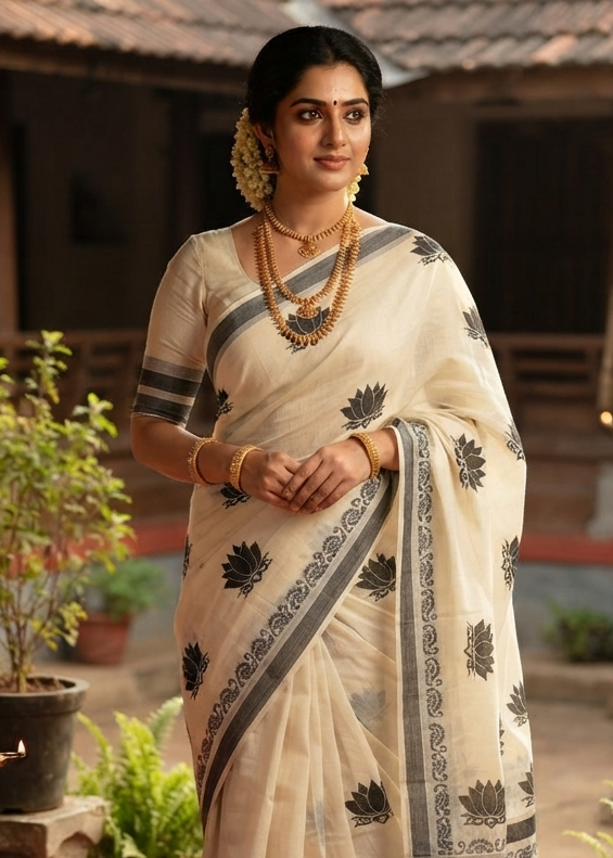 Southloom Kerala Cotton Lotus Printed Saree With Black and Silver Border SL530