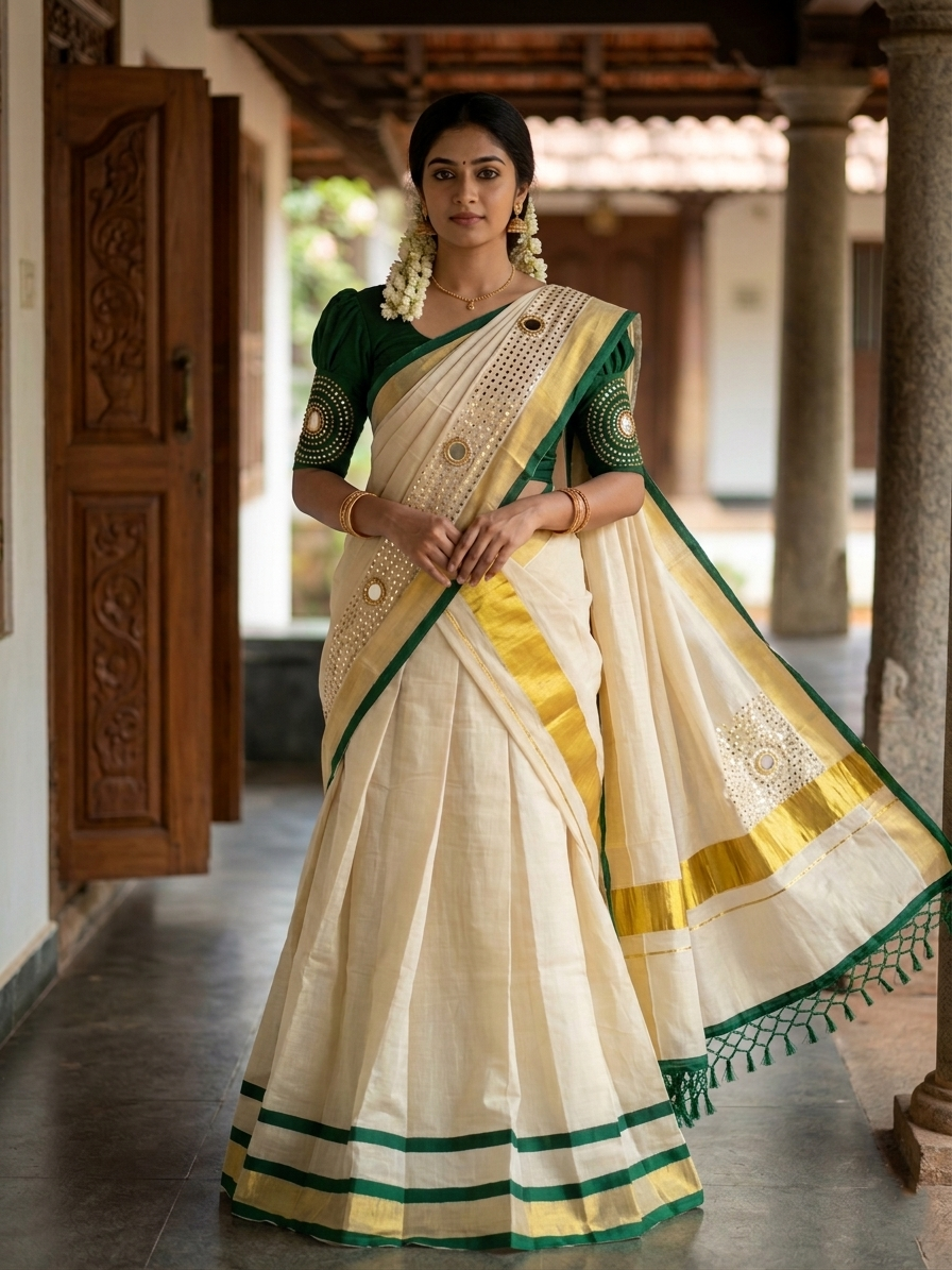 Southloom Semi Stitched Tissue Dhavani Set with Pavada and Green Blouse Piece