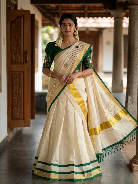 Southloom Semi Stitched Tissue Dhavani Set with Pavada and Green Blouse Piece