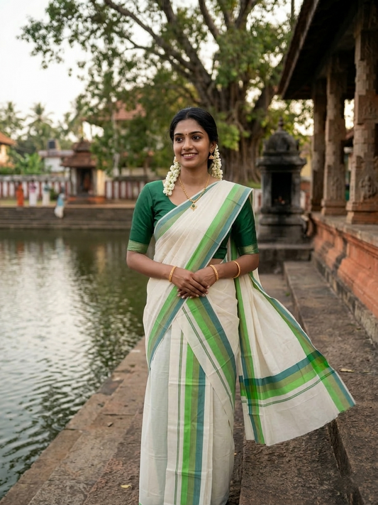 Southloom Pure Cotton Kerala Single Mulloth Set Mundu (Mundum Neriyathum) Green Border in 2.50 mtrs SL243