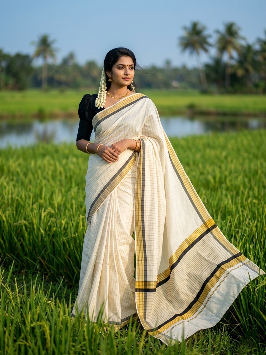 Southloom Kerala Pure Cotton Saree with Stripes on Body and Borders in Black SL334