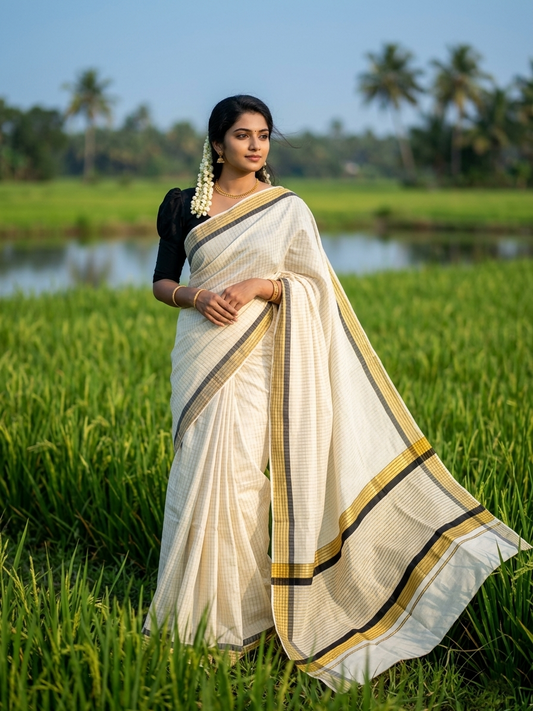 Southloom Kerala Pure Cotton Saree with Stripes on Body and Borders in Black