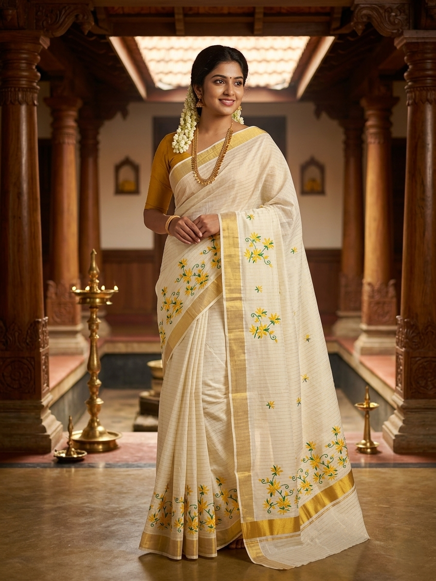 Kerala Southloom Cotton Lines Saree With Yellow Floral Embroidery Design & Kasavu Border SL127