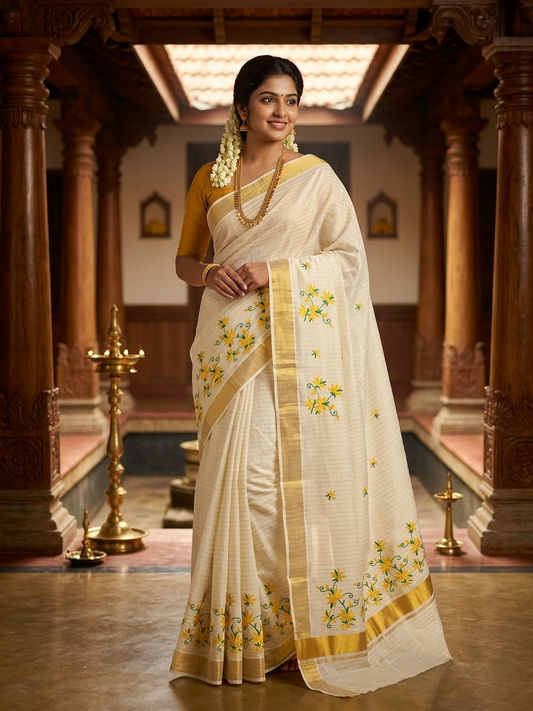 Kerala Southloom Cotton Lines Saree With Yellow Floral Embroidery Design & Kasavu Border SL127