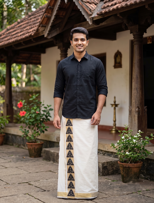 southloom Pure Cotton Double Mundu with Block Prints on Black Border (South Indian Dhoti)SL613