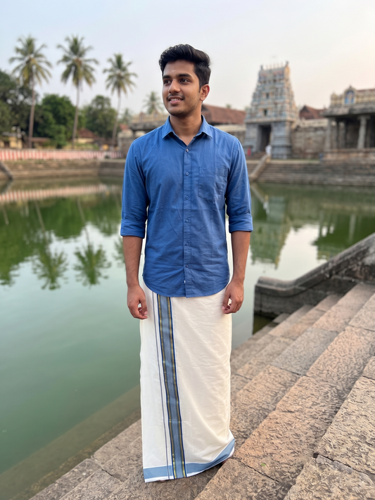 Southloom Pure Cotton Mundu with Gold lines& Blue Border (South Indian Kerala Dhoti)