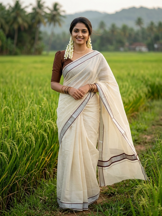 Pure Cotton Kerala Saree with Silver Kasavu and Brown Border