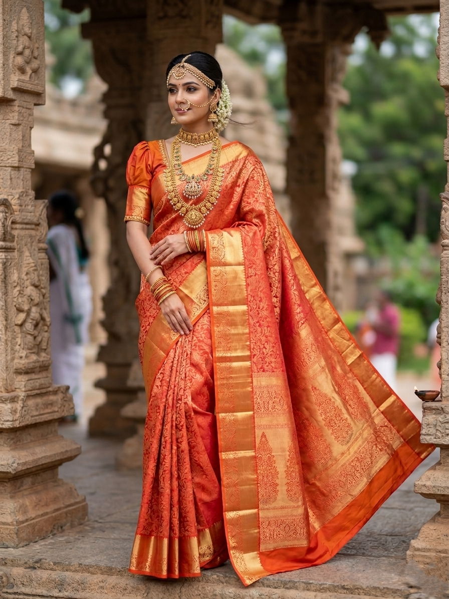 Southloom Pure Handloom Bridal Kanchipuram Silk Saree with Korvai Work (Orange)