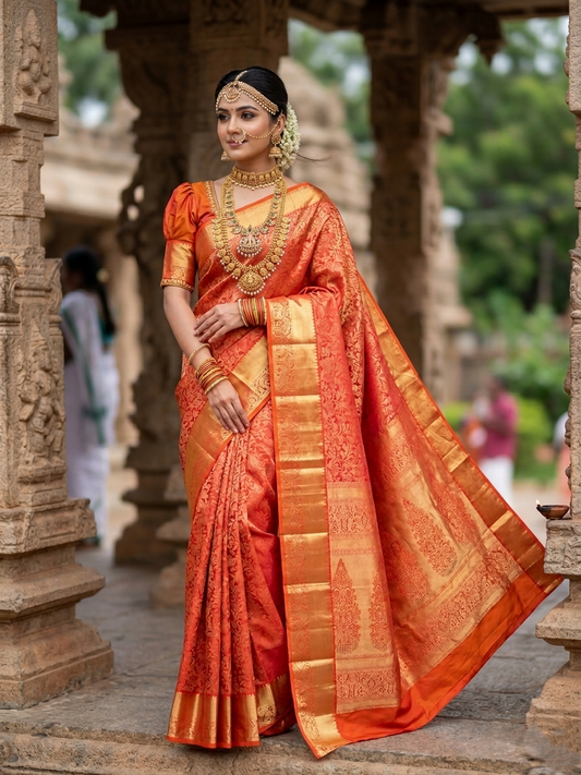 Southloom Pure Handloom Bridal Kanchipuram Silk Saree with Korvai Work (Orange)
