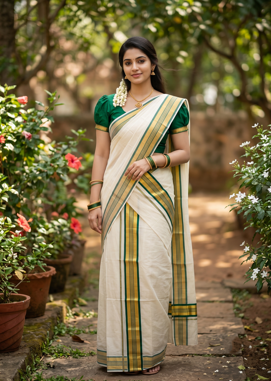 Southloom Pure Cotton Kerala  Set Mundu (Mundum Neriyathum) Single with Green and Kasavu Border 2.80 Mtrs SLKK SL522