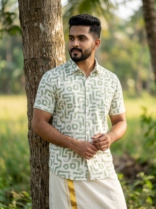 Pure Cotton Off White with Green Printed Shirt SLSHIRT 48 HS
