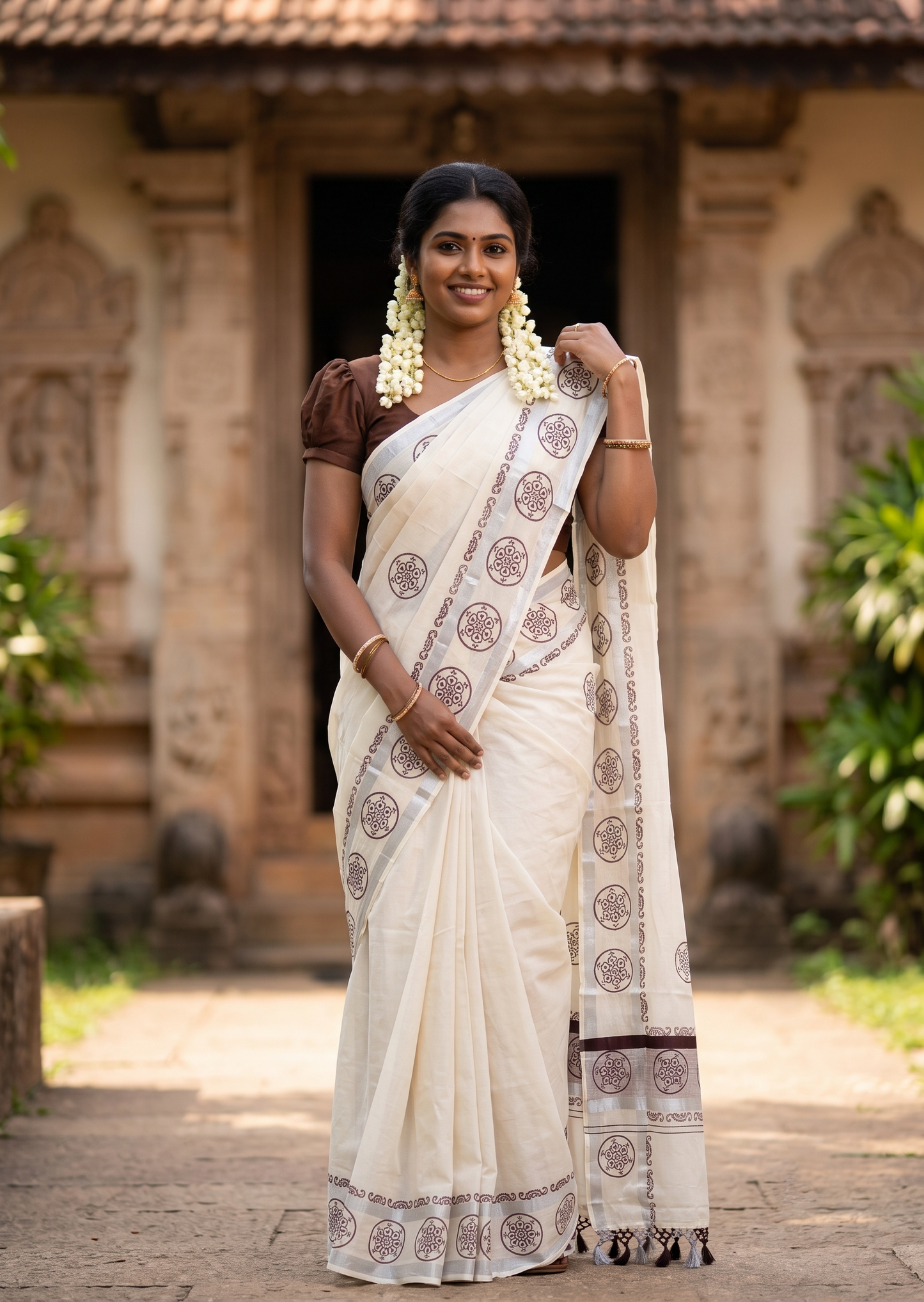 Southloom Cotton Kerala Kasavu Saree with Digital Print on Body in Brown SL519