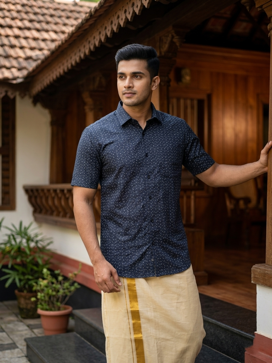 Pure Cotton Navy Blue Printed Shirt SLSHIRT 38 HS