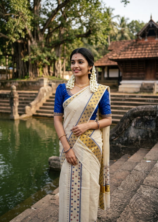 Southloom Kerala Tissue Set Mundu (Mundum Neriyathum) with Blue & Brown Floral Prints on Border-2.80Mtrs SL625