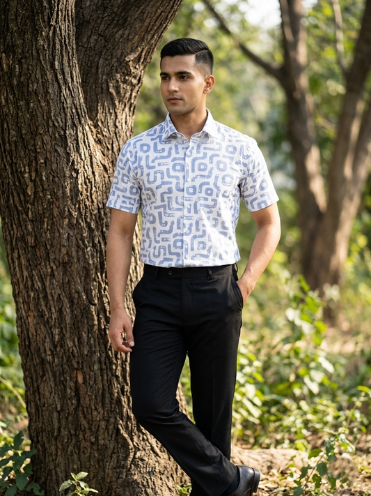 Pure Cotton White with Blue Printed Shirt SLSHIRT 48 HS