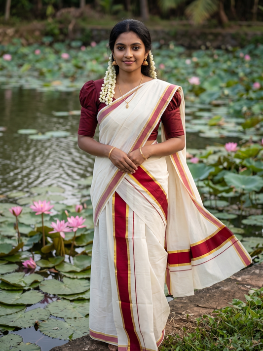Southloom Kerala Cotton Single Set Mundu (Mundum Neriyathum) with Kasavu and Maroon Border 2.80Mtrs