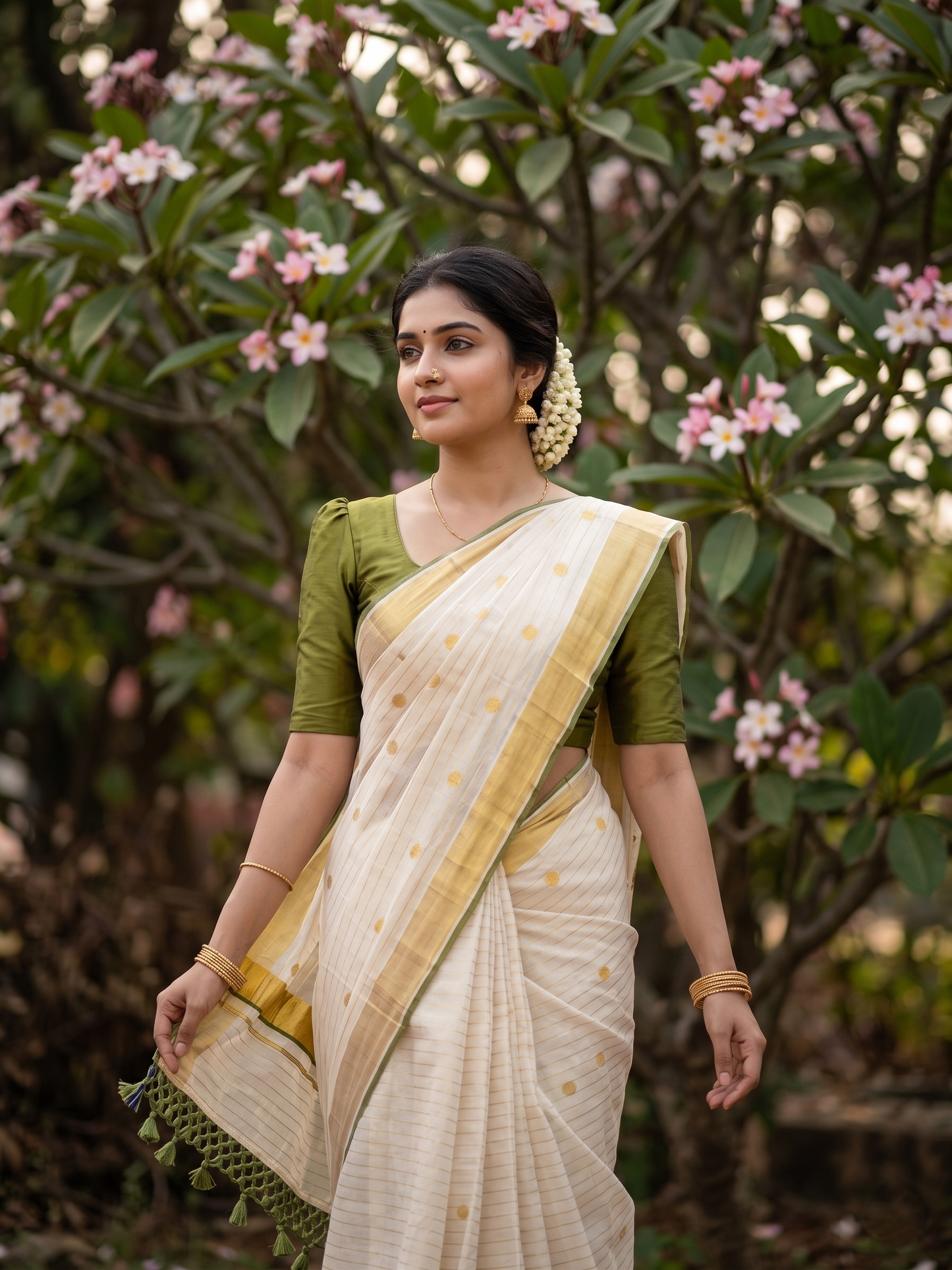 Southloom Kerala Tissue Kasavu Saree with Gold Polka Embroidery Works on Body in Olive Green