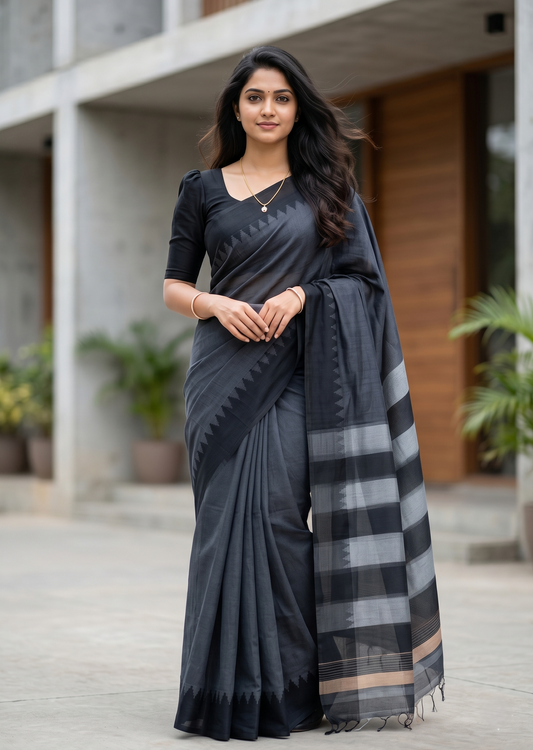 Southloom Kerala Linen Cotton Saree With Temple Design on the Border