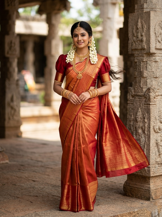 Southloom Premium Semi Silk Zari Work Brocade Saree in Bridal Red with Matching Pallu