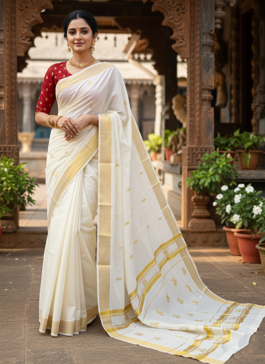 Southloom Kerala Pure Cotton Saree with Peacock Woven Work on Body