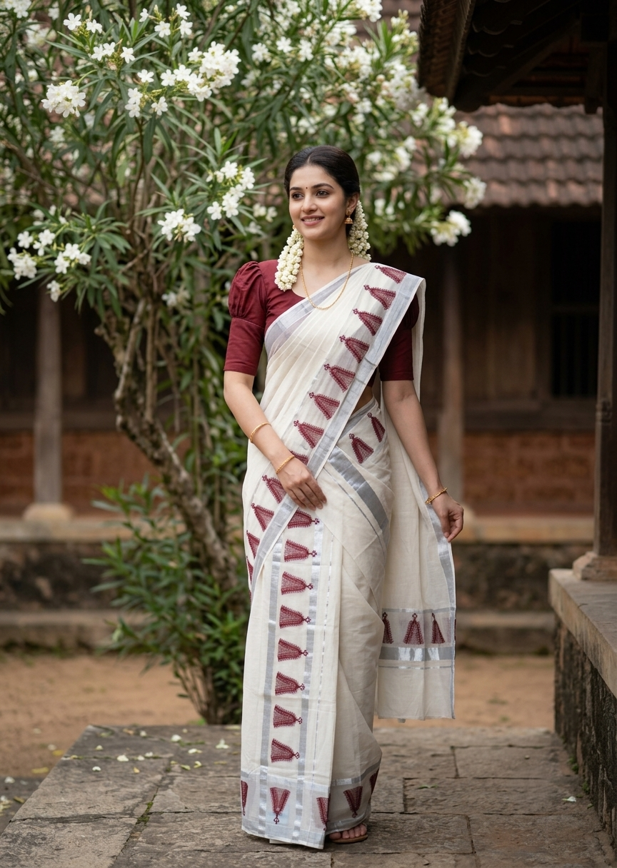Southloom Pure Cotton Kerala Single Set Mundu (Mundum Neriyathum) with Maroon Printed And Silver Border 2.80 Mtrs
