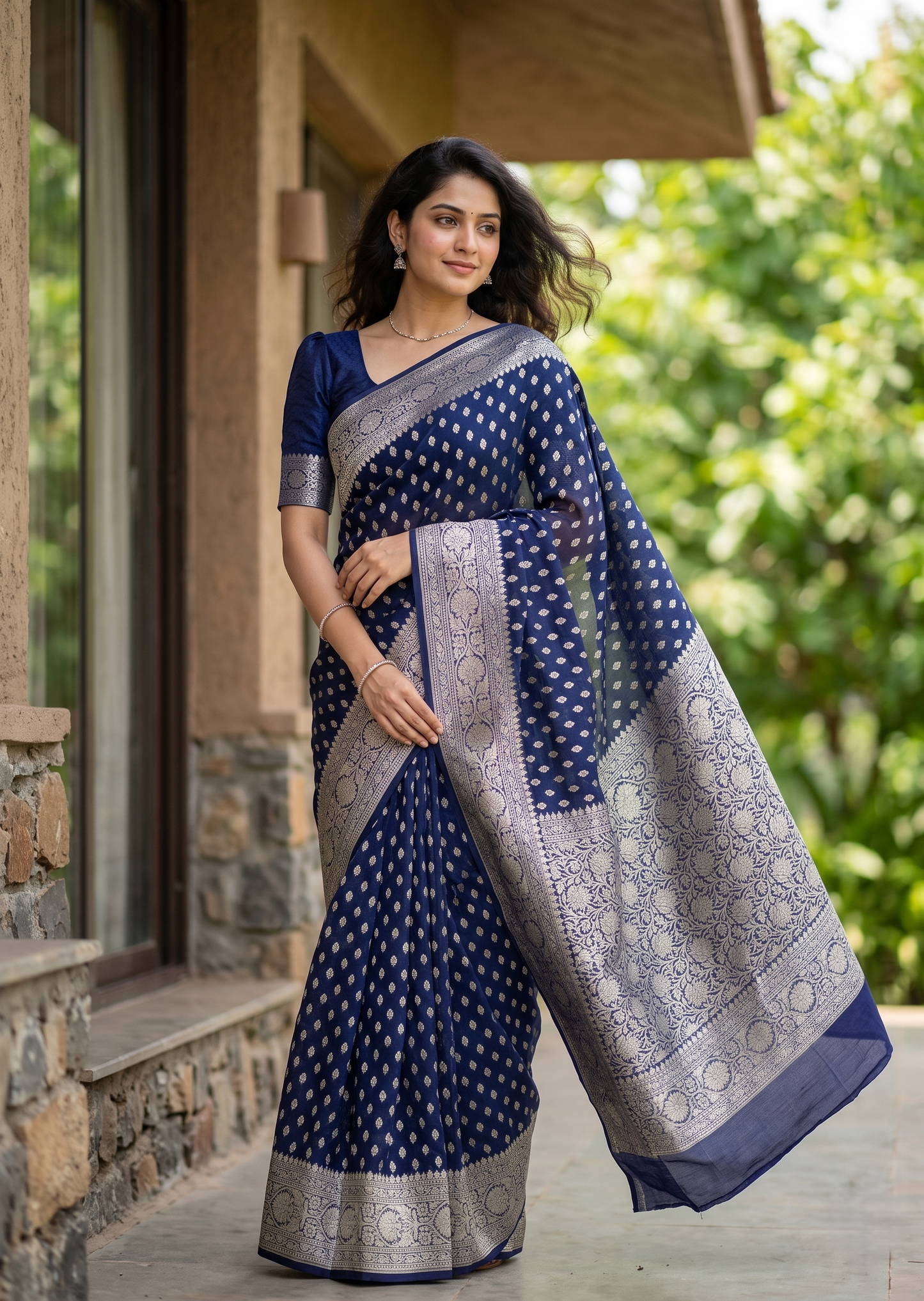 Southloom Cotton Banarasi Silk Saree with Woven Work on Body and Borders (Blue)