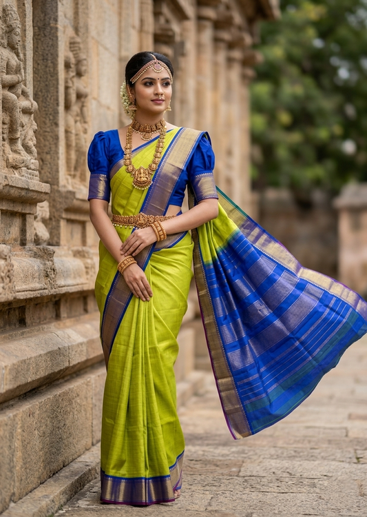 Southloom Pure Handloom Bridal Kanchipuram Silk Saree with Korvai Work (Green & Blue)