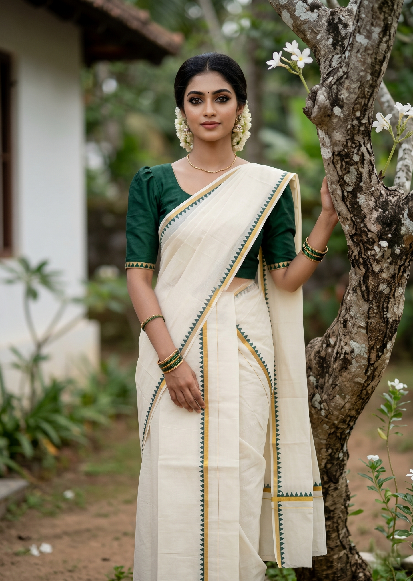 Southloom Pure Cotton Kerala Single Set Mundu (Mundum Neriyathum) with Temple Design in Dark Green 2.80 Mtrs SL352