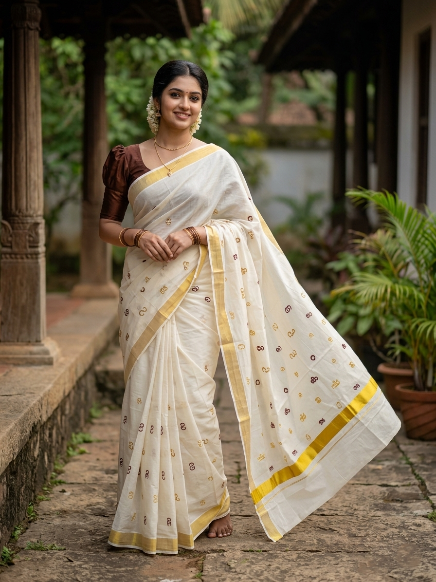 Southloom Kerala Cotton Kasavu Saree with Gold and Brown Malayalam Aksharamala Embroidery Work on Body