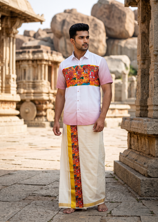 Southloom Cotton Theyyam & Kadhakali Mural Printed Men's Combo In Peach (Shirt + Mundu)
