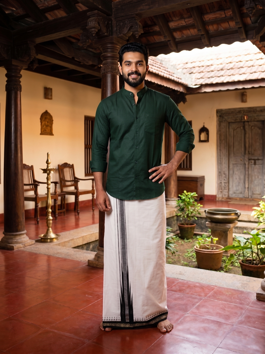 Southloom Green Chutti Kara Single Mundu / Lungi (South Indian Kerala Dhoti)