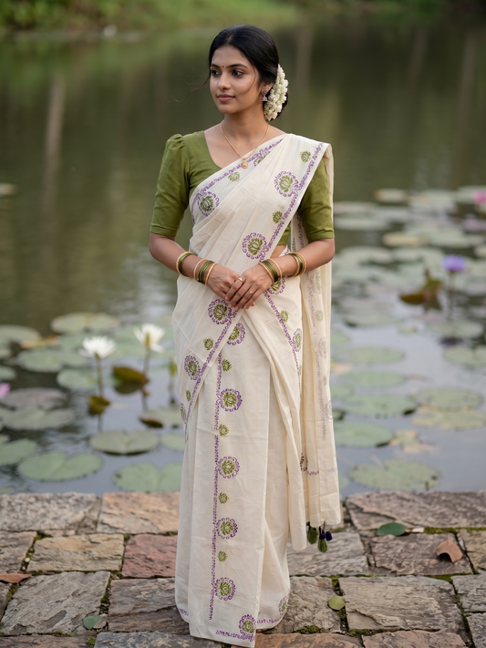Southloom Kerala Cotton Single Set Mundu (Mundum Neriyathum) with Olive Green &Voilet Lotus Block Printed Design