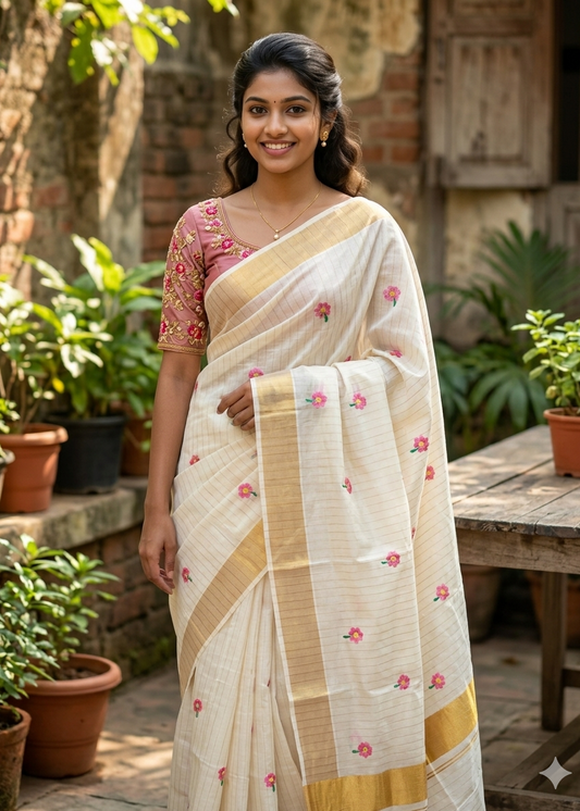 Kerala Cotton Lines Saree With Pink Floral Embroidery SLfloral