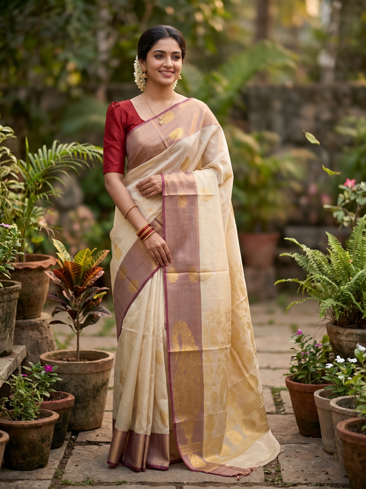 Southloom Kerala Tissue Kasavu Heavy Work Saree with Peacock Design And Red Border SL483