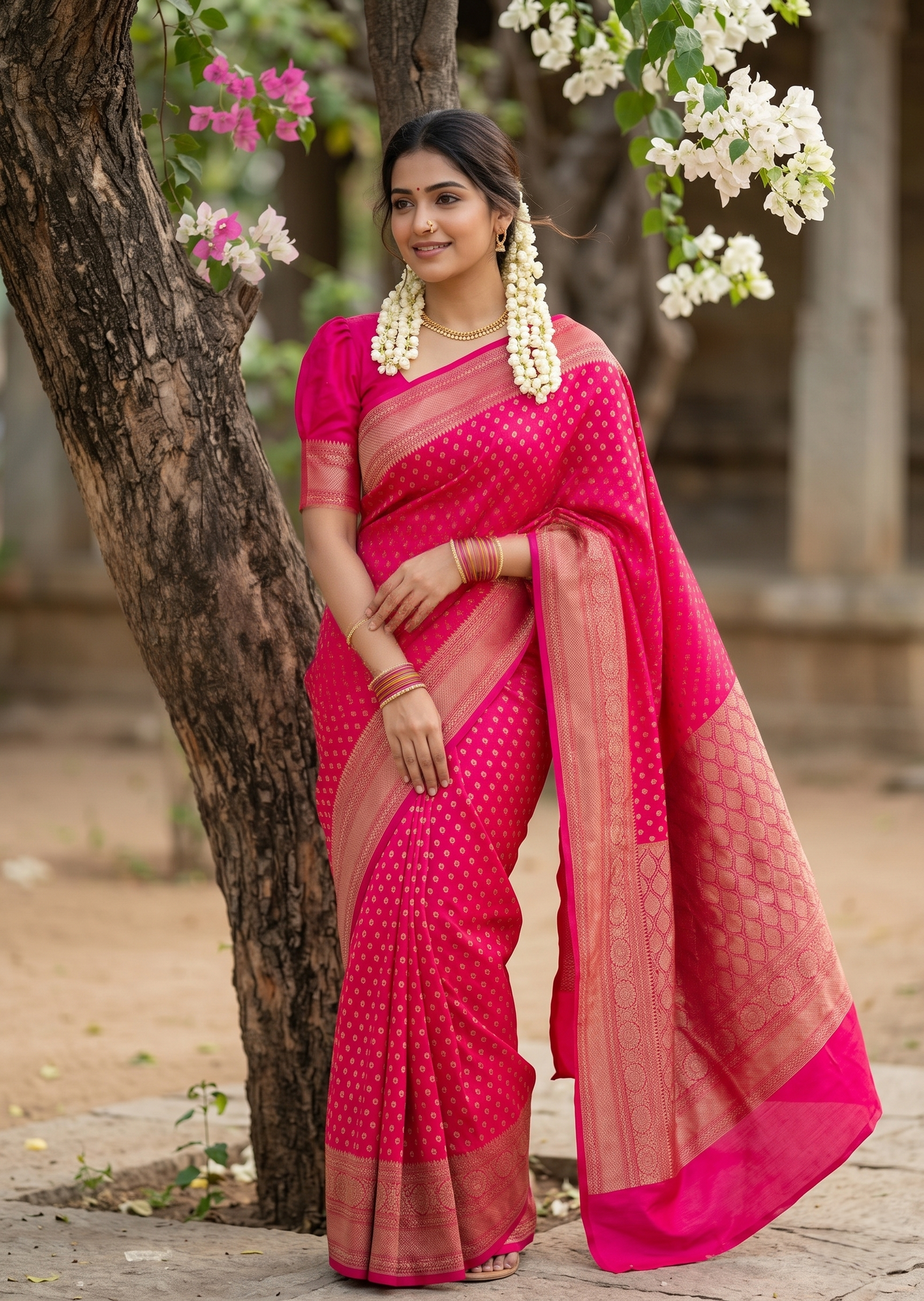 Southloom Munga Silk Saree with Woven Work on Body and Borders (Pink)