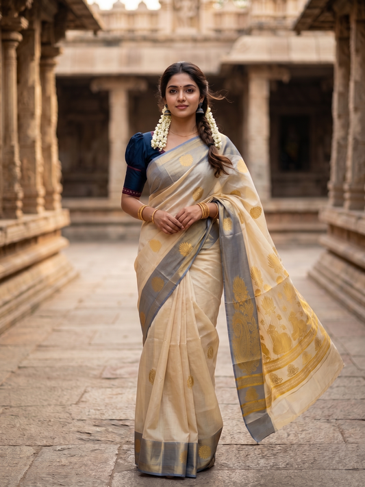 Southloom Kerala Tissue Kasavu Heavy Work Saree with Floral Design And Blue Border SL483