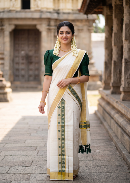 Southloom Kerala Cotton Kasavu Single Set Mundu (Mundum Neriyathum) with Peacock Design in Green SL527