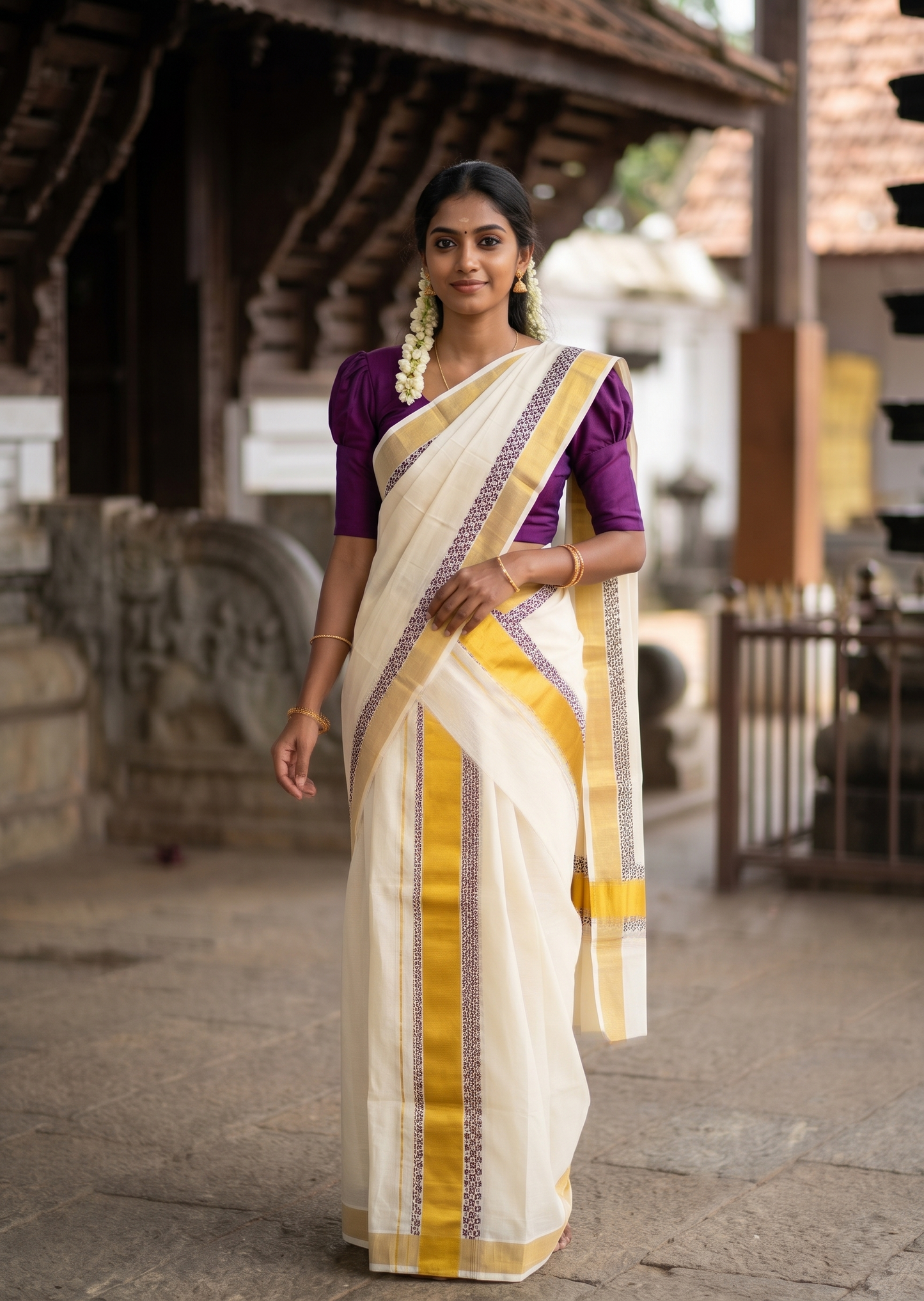 Southloom Pure Cotton Set Mundu with Gold Kasavu and Digital Print in Purple 2.80 Mtrs SL375
