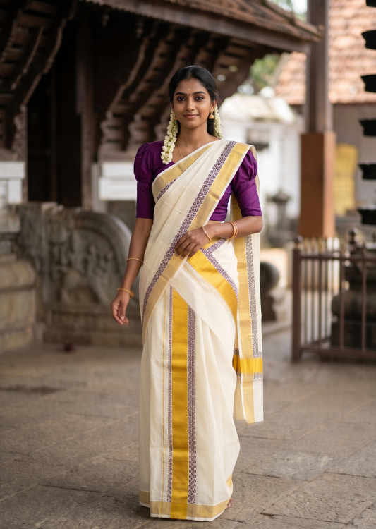 Southloom Pure Cotton Set Mundu with Gold Kasavu and Digital Print in Purple 2.80 Mtrs SL375
