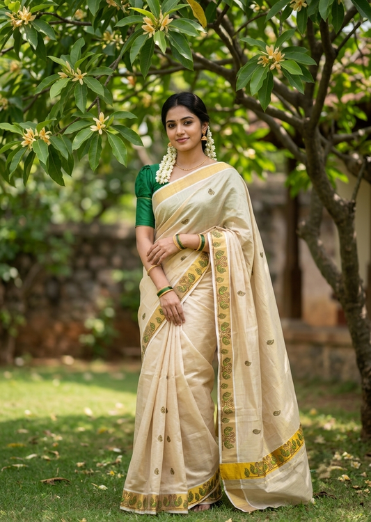 Southloom Tissue Kerala Kasavu Saree with Peacock Embroidery Design On Border