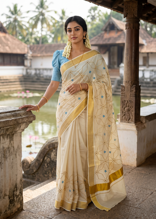 Southloom Kerala Tissue Kasavu Saree with Floral Embroidery Work on Body in Blue