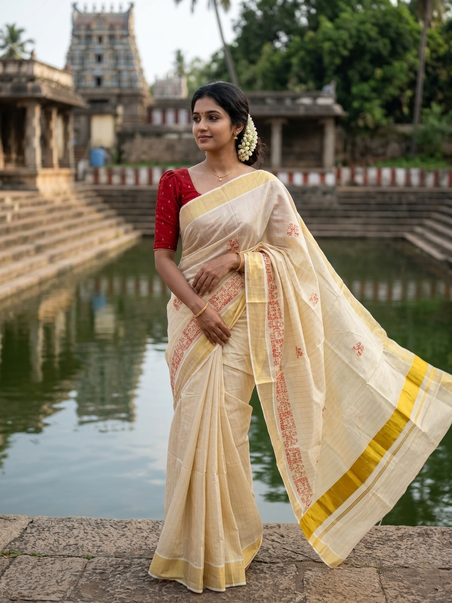 Southloom Tissue Kerala Kasavu Saree with Embroidery Design