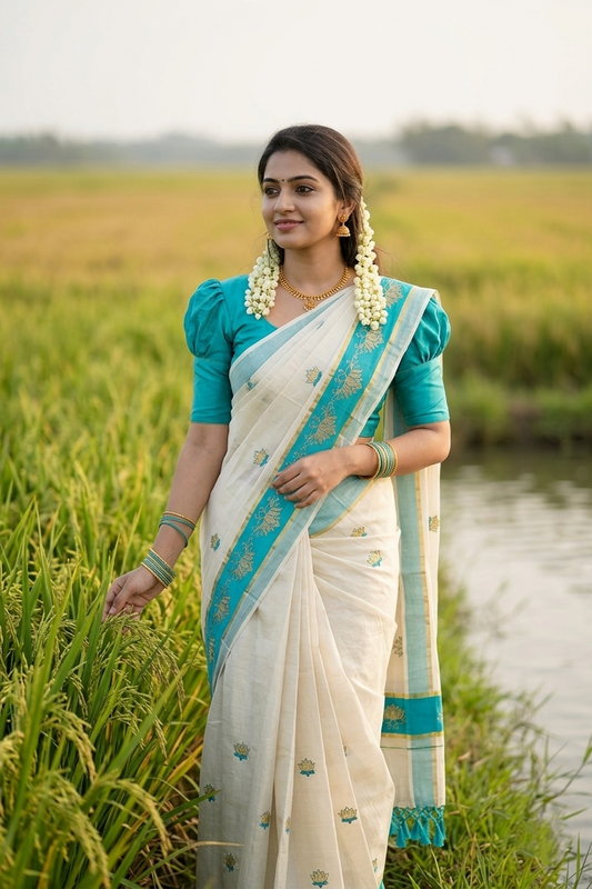 Southloom Kerala Tissue Kasavu Saree with Turquoise And Golden Lotus Embroidary Designs on Body SL273