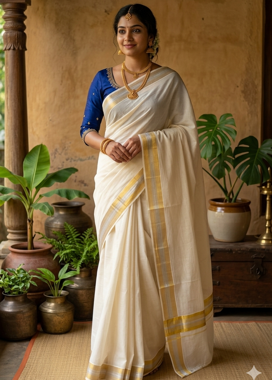 Kerala Cotton Saree with Gold and Silver Border SL216