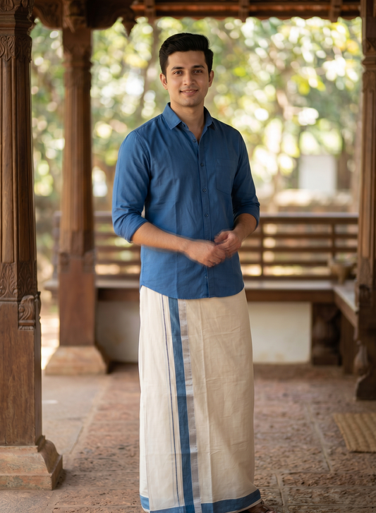 Southloom Kerala Pure Cotton Double Mundu with Blue And Silver Border (South Indian Dhoti)