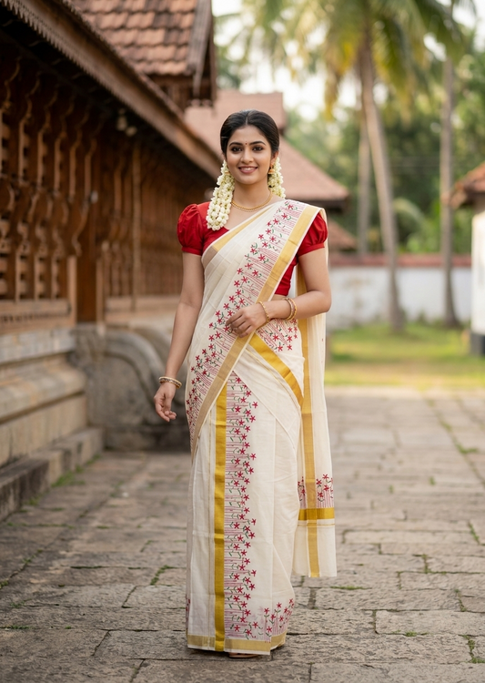 Southloom Cotton Single Set Mundu (Mundu Neriyathum) With Floral Digital Print 2.80 Mtrs SL613